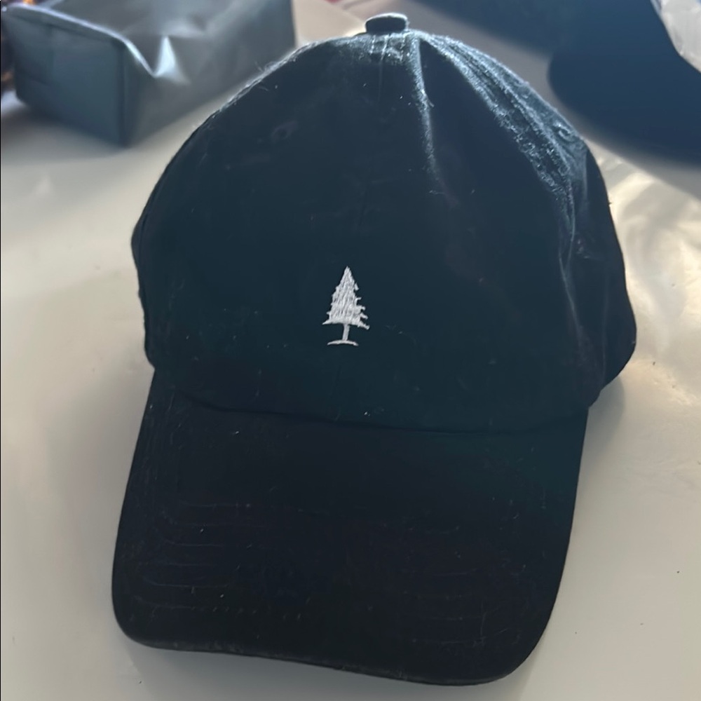 Like New Black Tinlid Cap with Tree Embroidery, Velcro Adjustable OS